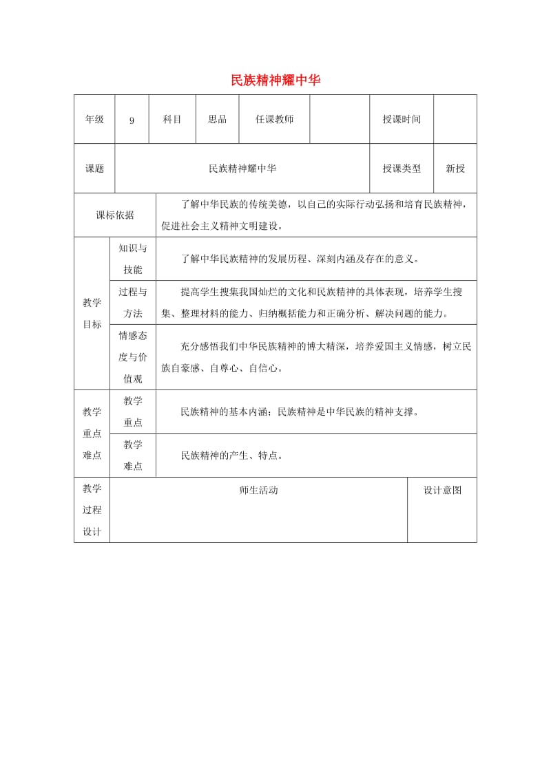 九年级政治全册 第3单元 关注国家的发展 第九课 弘扬和培育民族精神 第1框《民族精神耀中华》教案 鲁教版.doc_第1页