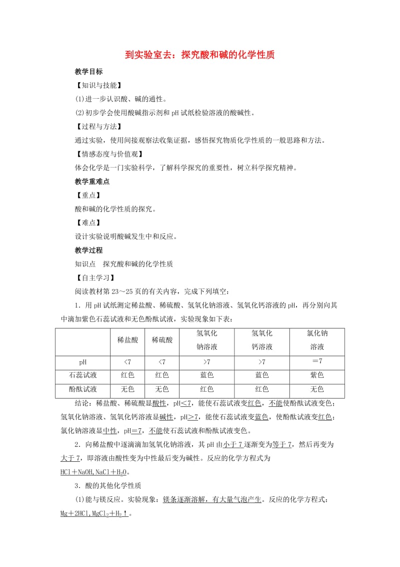 2019届九年级化学下册 第7单元 常见的酸和碱 到实验室去 探究酸和碱的化学性质教案 （新版）鲁教版.doc_第1页