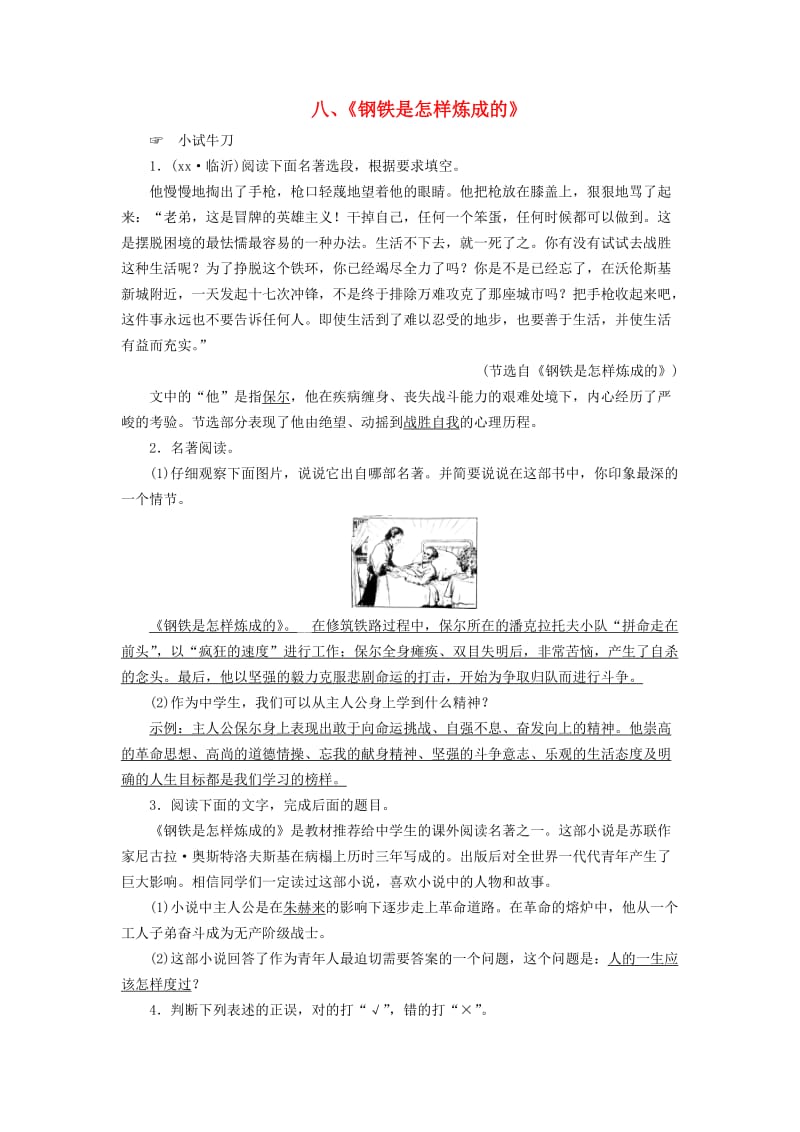 广西专用2019中考语文常考名著分类集训8钢铁是怎样炼成的.doc_第1页