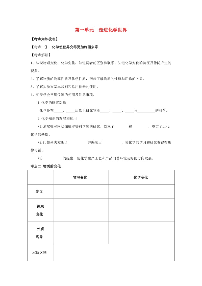 九年级化学上册 第一单元 走进化学世界复习讲义（新版）新人教版.doc_第1页