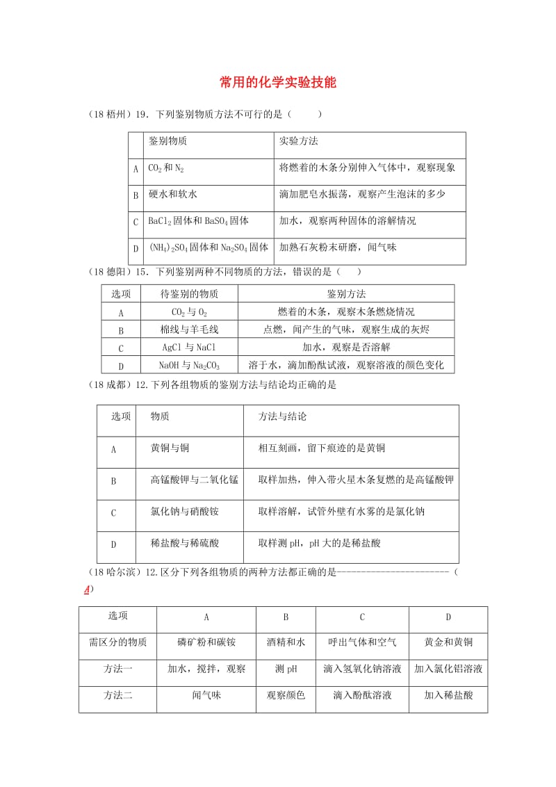 中考化学真题分类汇编 3 化学实验与探究 考点16 常用的化学实验技能 1鉴别 2表格试题.doc_第1页