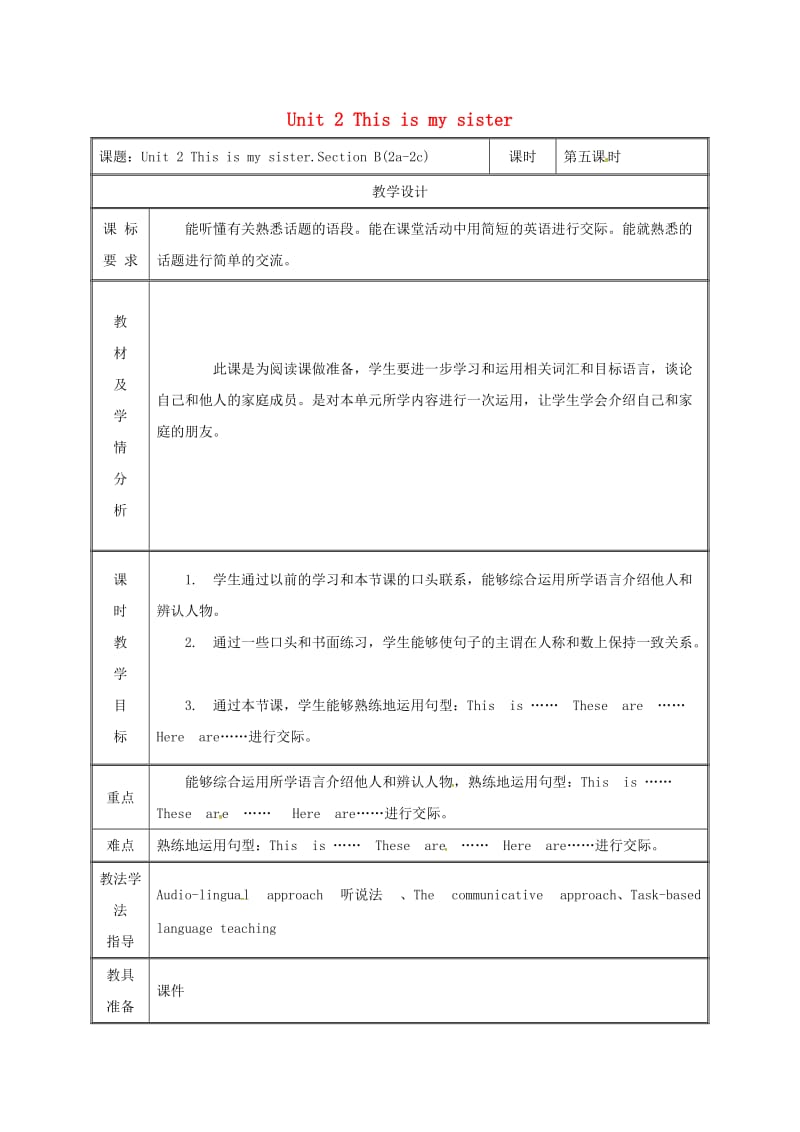 七年级英语上册 Unit 2 This is my sister Section B（2a-2c）教案 人教新目标版.doc_第1页