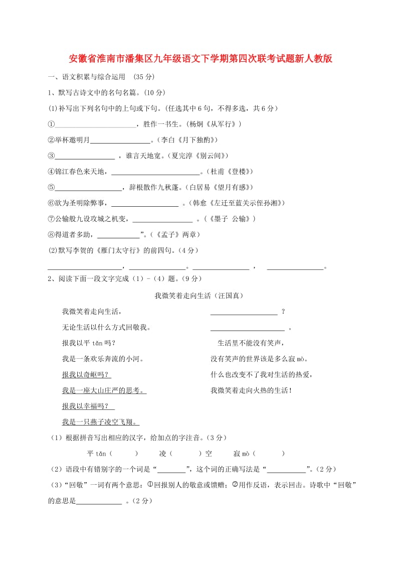 安徽省淮南市潘集区九年级语文下学期第四次联考试题新人教版.doc_第1页