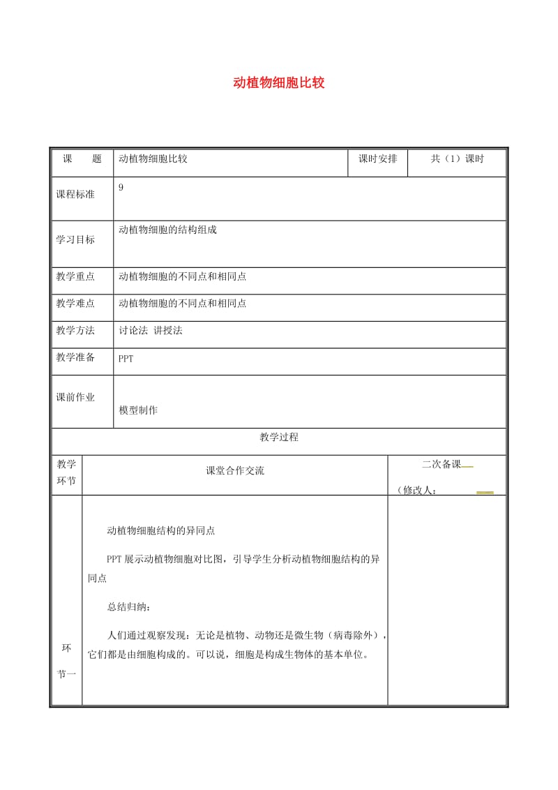 河南省七年级生物上册 2.2.2 动物体的结构层次（动植物细胞比较）教案 （新版）新人教版.doc_第1页