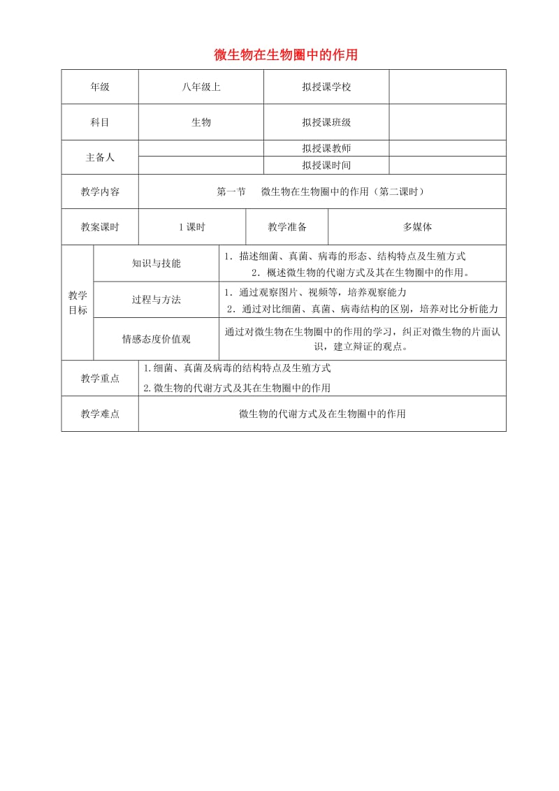 贵州省遵义市八年级生物上册 第18章 第1节 微生物在生物圈中的作用教案2 （新版）北师大版.doc_第1页