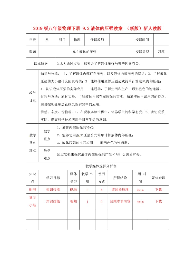 2019版八年级物理下册 9.2液体的压强教案 （新版）新人教版.doc_第1页