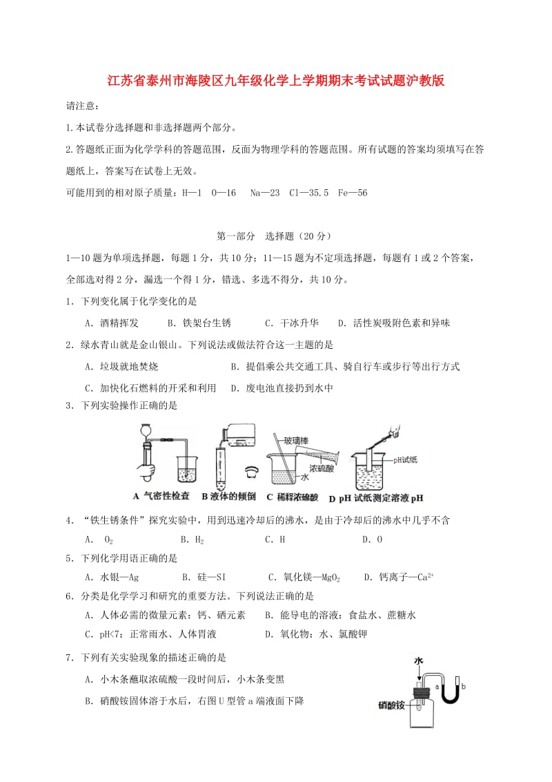 江苏省泰州市海陵区九年级化学上学期期末考试试题沪教版.doc_第1页