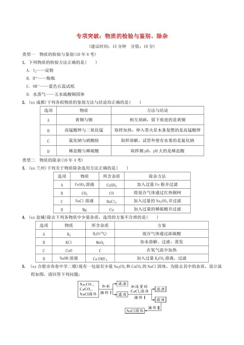 中考化学总复习 第一部分 夯实基础过教材 第十一单元 盐 化肥 专项突破：物质的检验与鉴别、除杂练习.doc_第1页