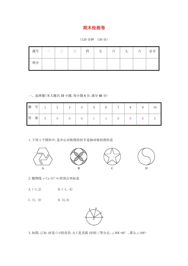 九年级数学上册 期末检测卷 （新版）新人教版.doc_第1页