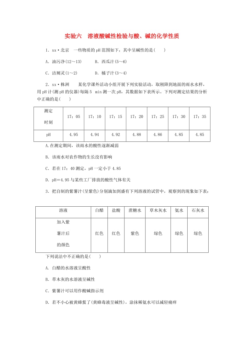 九年级化学下册 第八章 常见的酸、碱、盐 实验六 溶液酸碱性检验与酸、碱的化学性质同步练习 粤教版.doc_第1页