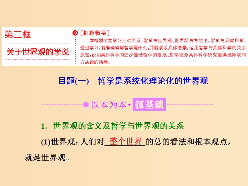 （浙江专版）2019年高中政治 第一单元 生活智慧与时代精神 第一课 美好生活的向导 第二框 关于世界观的学说课件 新人教版必修4.ppt_第1页