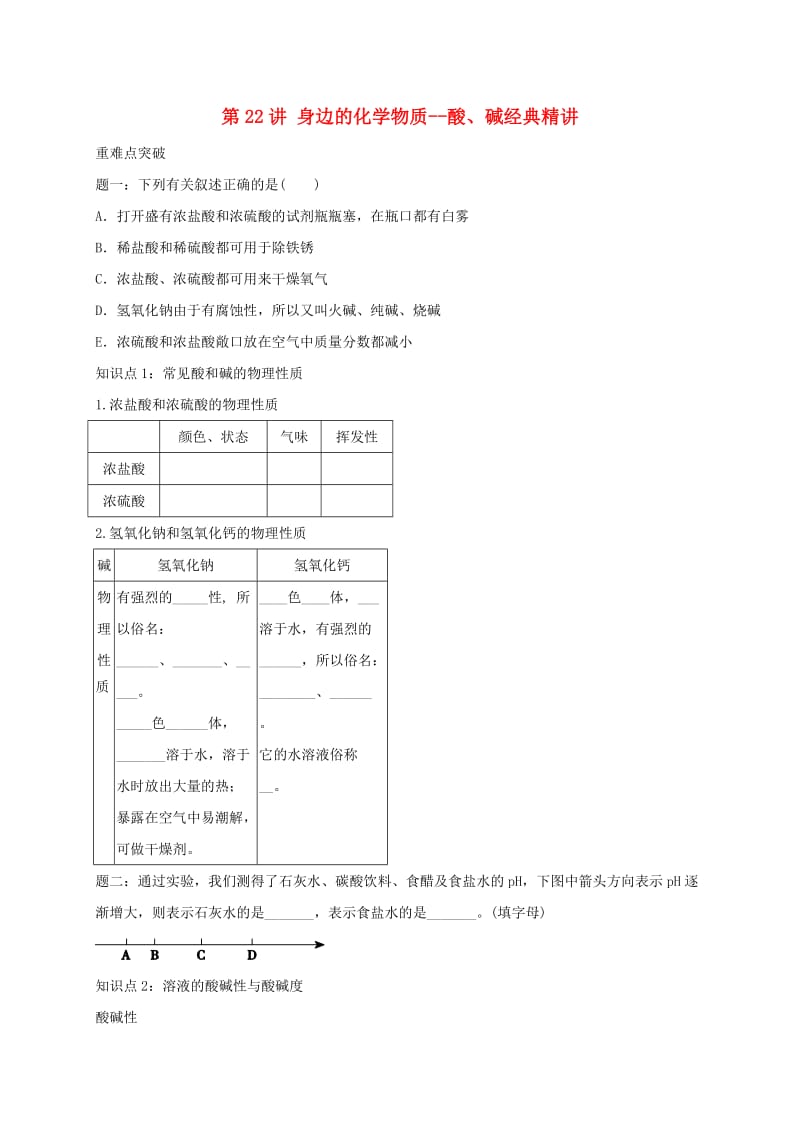 中考化学第二轮专题复习 第22讲 身边的化学物质-酸、碱（经典精讲）试题.doc_第1页