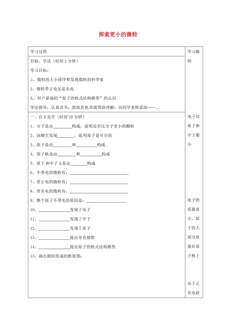 江苏省徐州市铜山区八年级物理下册 7.3探索更小的微粒学案（新版）苏科版.doc_第1页