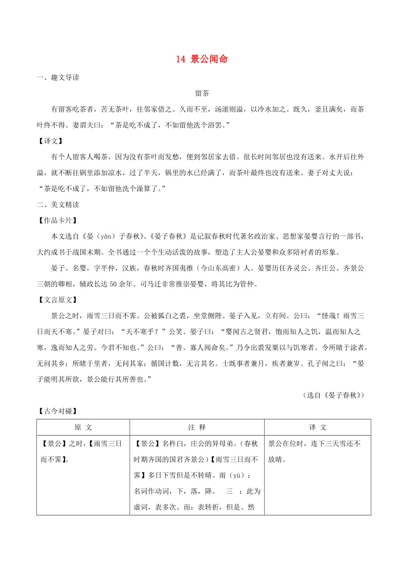 八年级语文下册 课内外文言文趣读精细精炼 专题14 景公闻命（课外篇）.doc_第1页