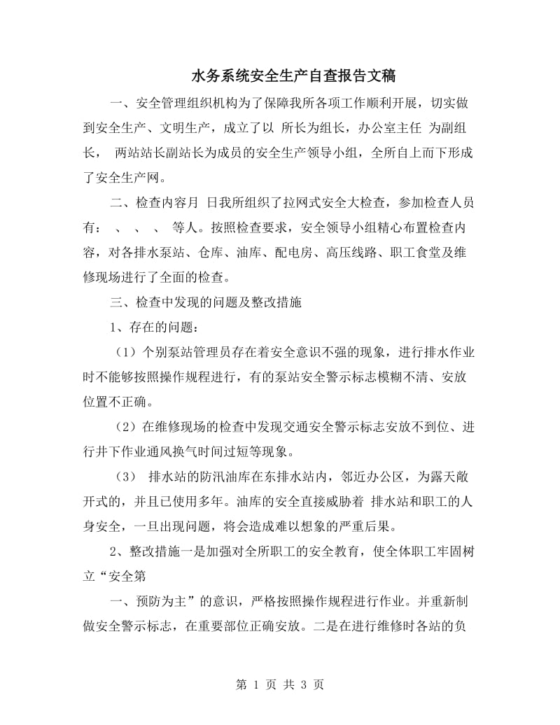 水务系统安全生产自查报告文稿.doc_第1页