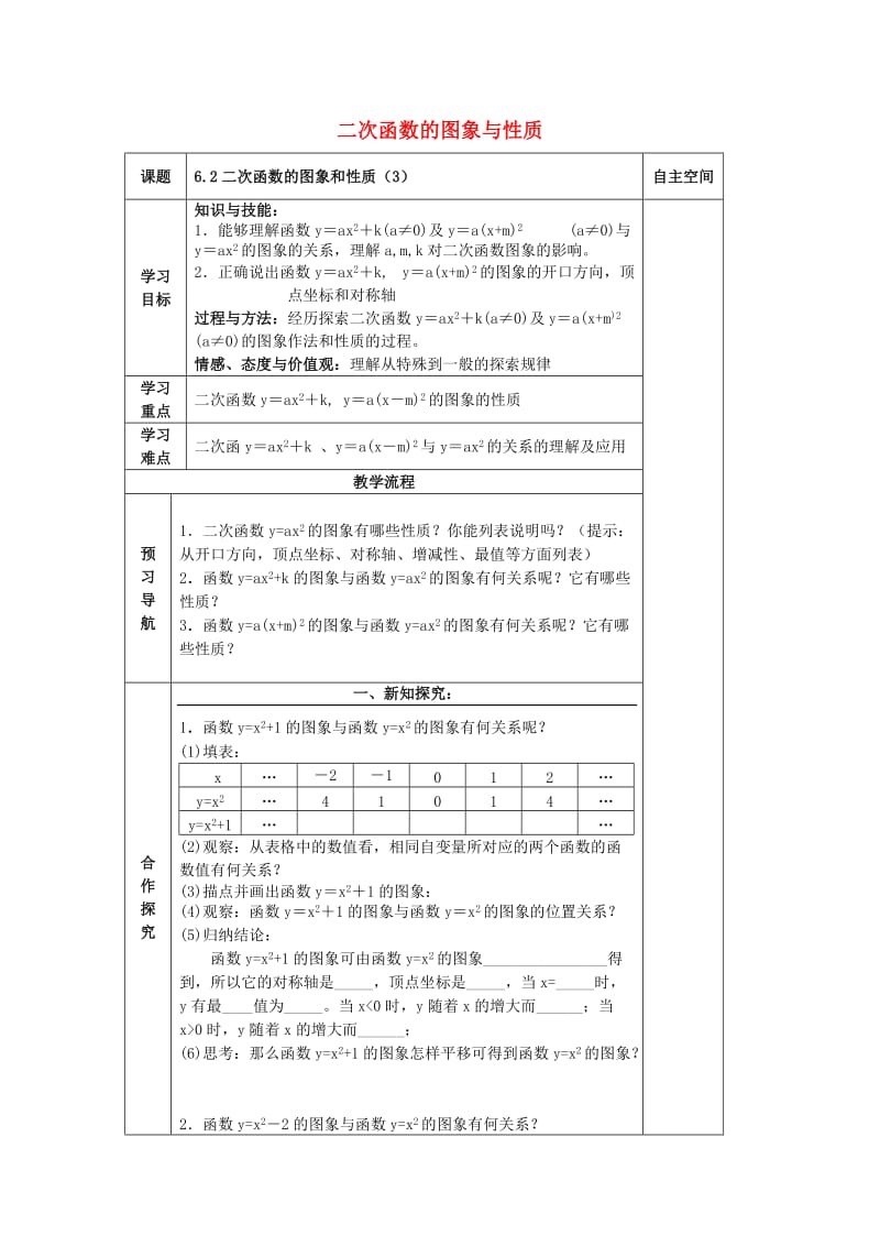 九年级数学下册 第6章 二次函数 6.2 二次函数的图象和性质（3）导学案 苏科版.doc_第1页