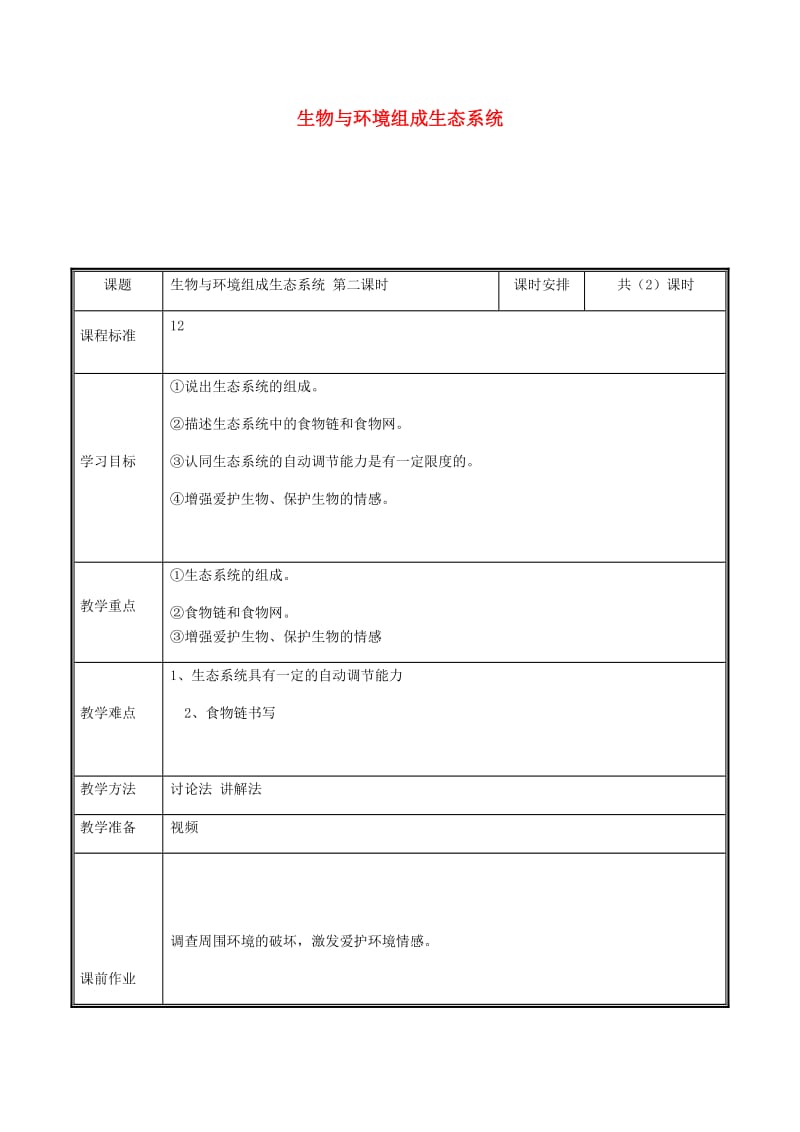 河南省七年级生物上册 1.2.2 生物与环境组成生态系统教案2 （新版）新人教版.doc_第1页