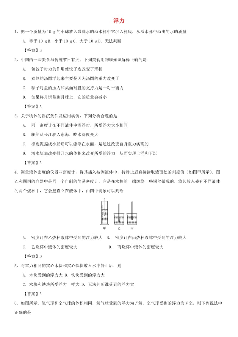 中考物理 浮力重要考点练习卷.doc_第1页