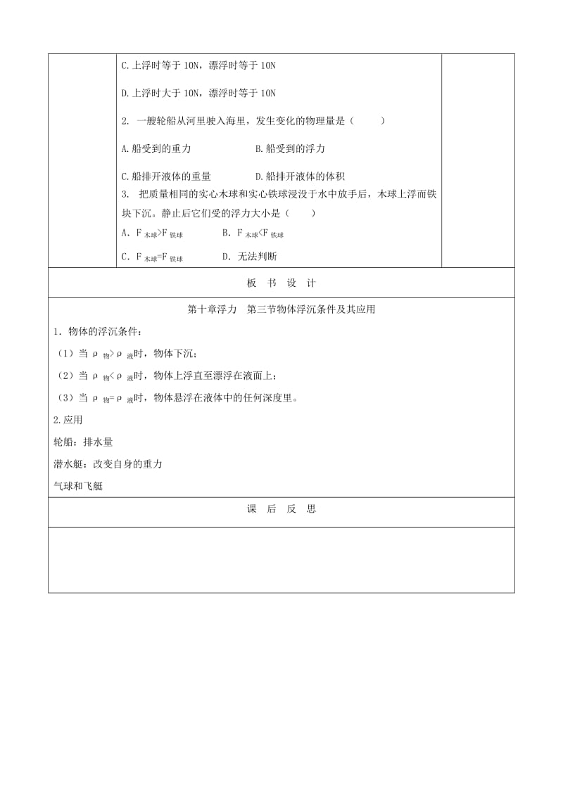 天津市静海区八年级物理下册 10.3 物体沉浮条件及其应用（第1课时）教案 （新版）新人教版.doc_第3页