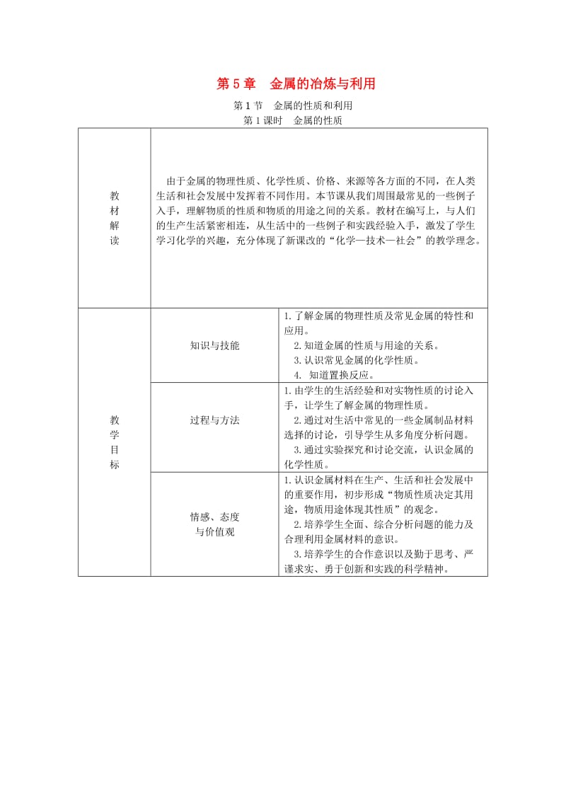 九年级化学上册 第5章 金属的冶炼与利用 第1节 金属的性质和利用 第1课时 金属的性质教案 沪教版.doc_第1页