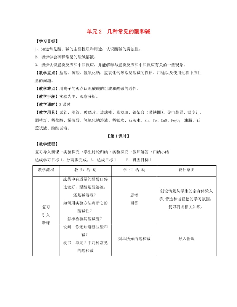 九年级化学下册 专题七 初识酸、碱和盐 单元2《几种常见的酸和碱》（第1课时）教案 （新版）湘教版.doc_第1页