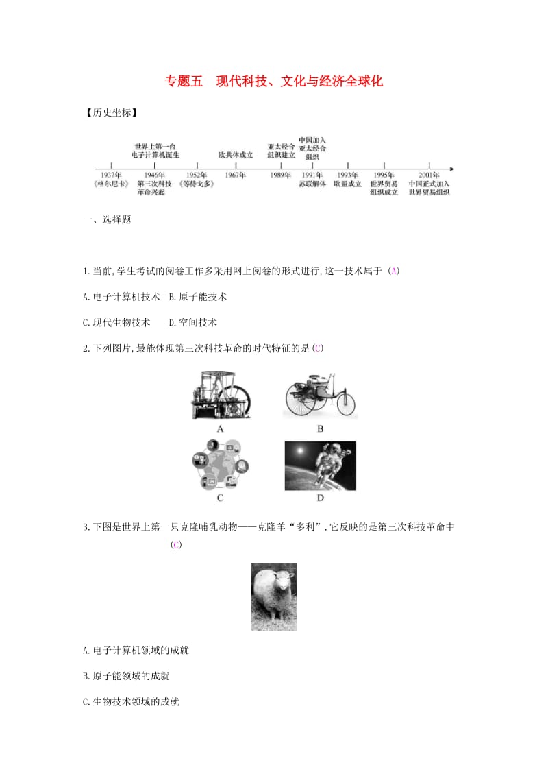 九年级历史下册 第五单元“冷战”后的世界 专题五 现代科技、文化与经济全球化练习 北师大版.doc_第1页