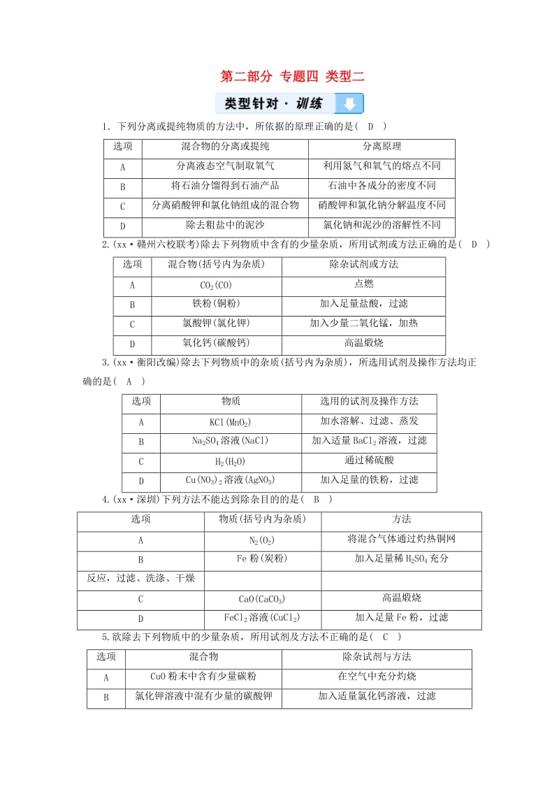 中考化学总复习 第二部分 专题综合强化 专题四 物质的检验、鉴别、分离、除杂与共存 类型2 物质的除杂习题.doc_第1页