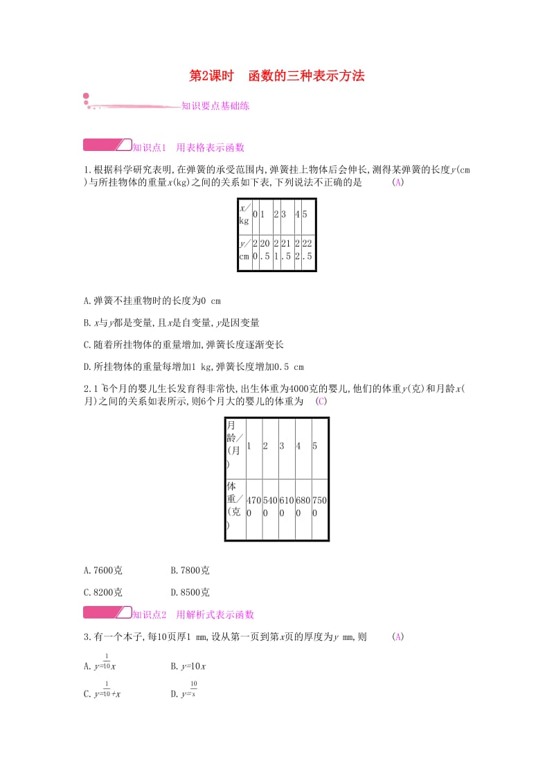 八年级数学下册第十九章一次函数19.1变量与函数19.1.2函数的图象第2课时函数的三种表示方法课时作业 新人教版.doc_第1页