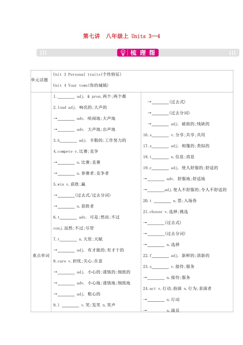 安徽省2019届中考英语总复习 第一部分 考点知识过关 第七讲 八上 Units 3-4梳理 （新版）人教新目标版.doc_第1页