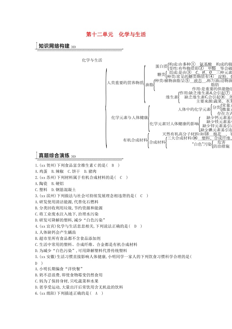 九年级化学下册 第十二单元 化学与生活练习 （新版）新人教版.doc_第1页