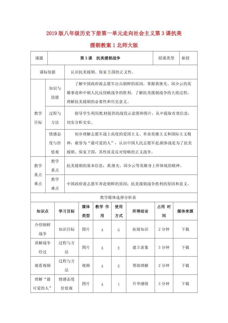 2019版八年级历史下册第一单元走向社会主义第3课抗美援朝教案1北师大版.doc_第1页