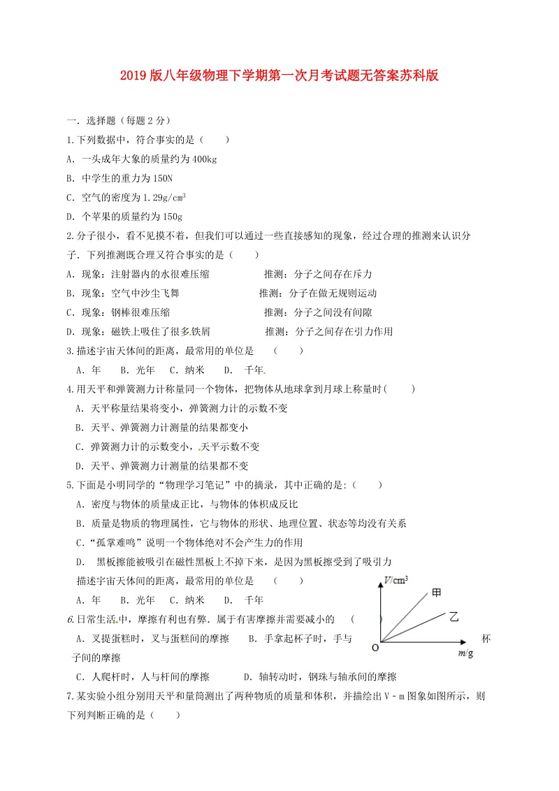 2019版八年级物理下学期第一次月考试题无答案苏科版.doc_第1页