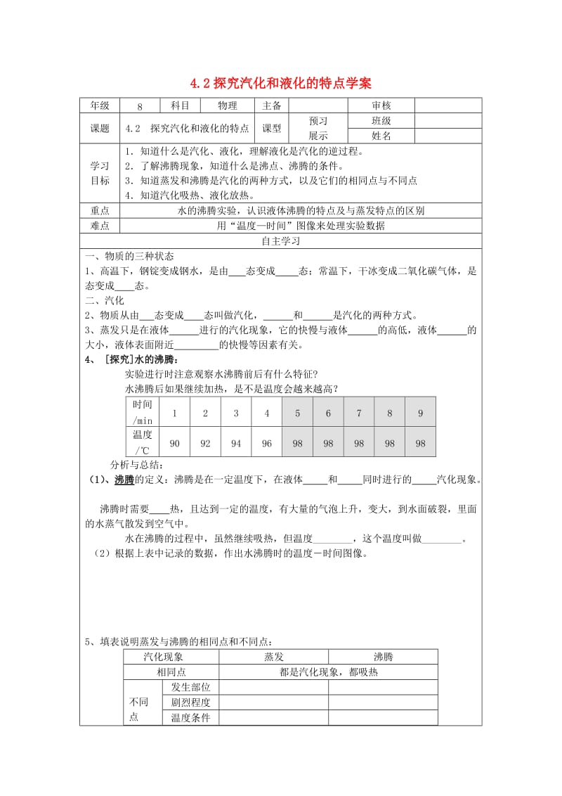 八年级物理上册 4.2 探究汽化和液化的特点学案（新版）粤教沪版.doc_第1页