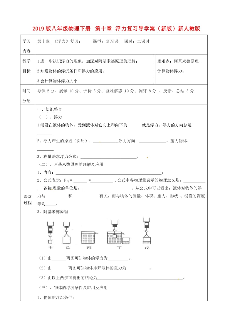 2019版八年级物理下册 第十章 浮力复习导学案（新版）新人教版.doc_第1页