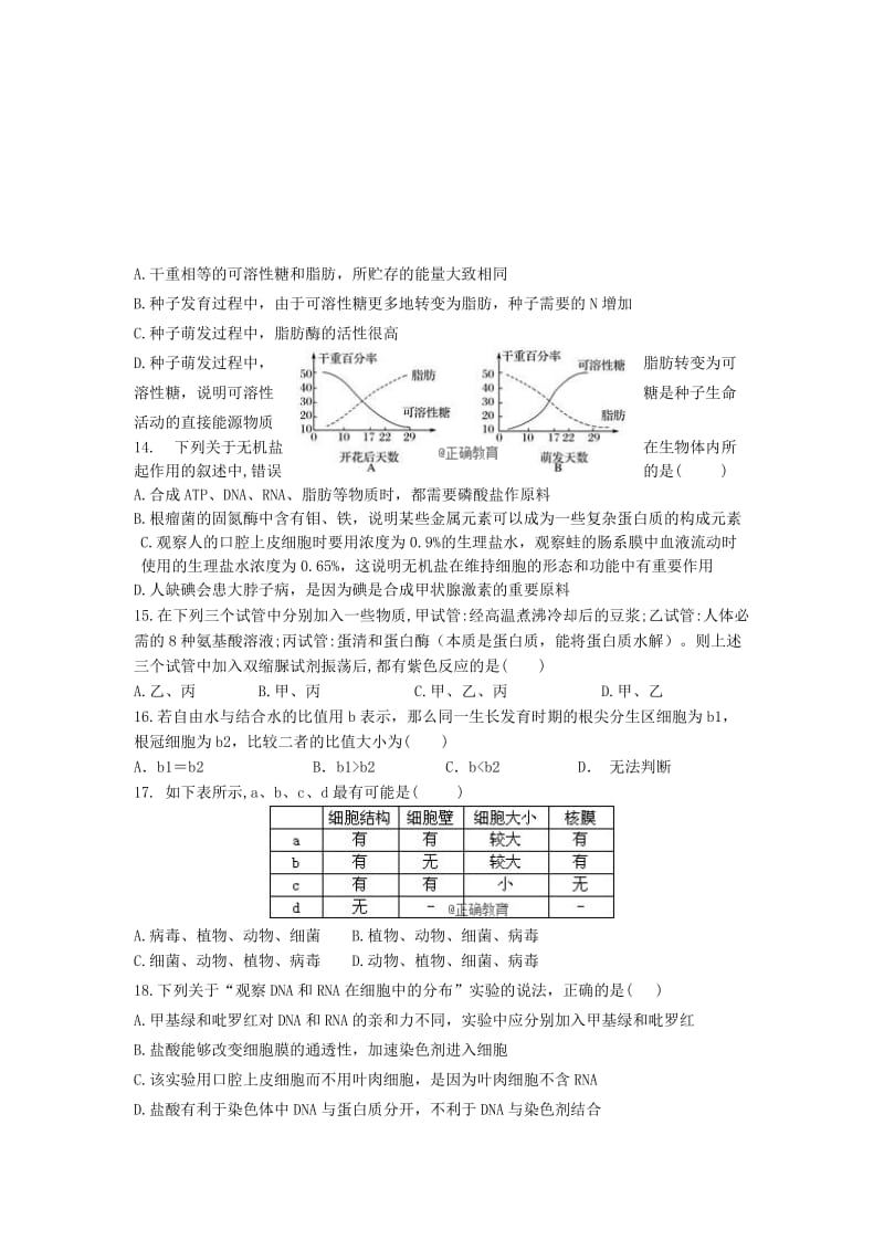 2018-2019学年高一生物上学期第二次双周考试题(平行班).doc_第3页