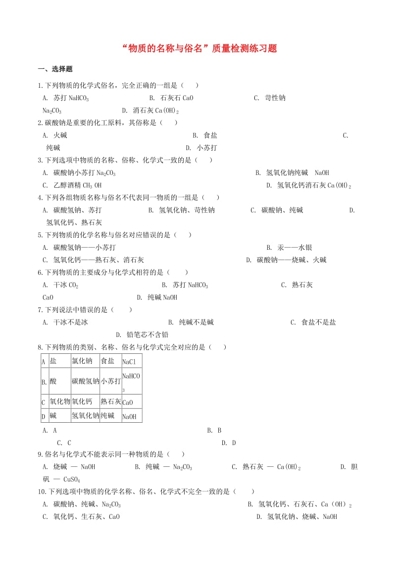 九年级化学“物质的名称与俗名”质量检测练习题（新版）新人教版.doc_第1页