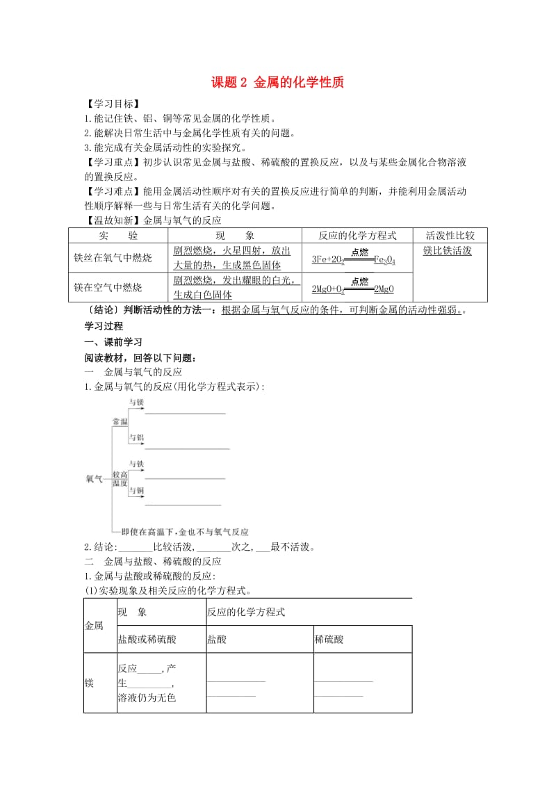 九年级化学下册 第八单元 金属和金属材料 课题2 金属的化学性质导学案 新人教版.doc_第1页