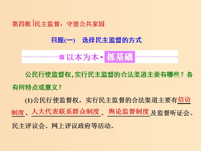 （浙江專版）2019年高中政治 第一單元 文化與生活 第二課 第四框 民主監(jiān)督：守望公共家園課件 新人教版必修2.ppt_第1頁