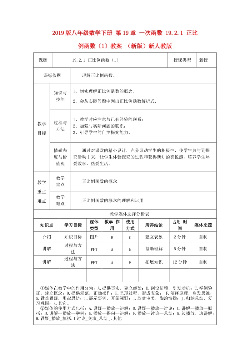 2019版八年级数学下册 第19章 一次函数 19.2.1 正比例函数（1）教案 （新版）新人教版.doc_第1页