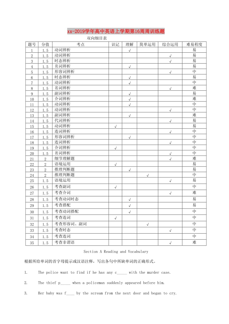 2018-2019学年高中英语上学期第16周周训练题.doc_第1页