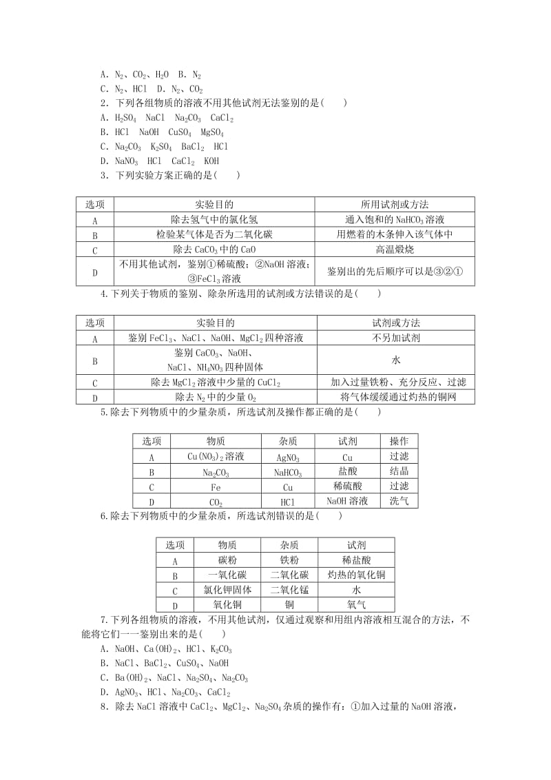 中考化学专题复习 第19课时 物质的检验与鉴别、分离与提纯练习 新人教版.doc_第2页