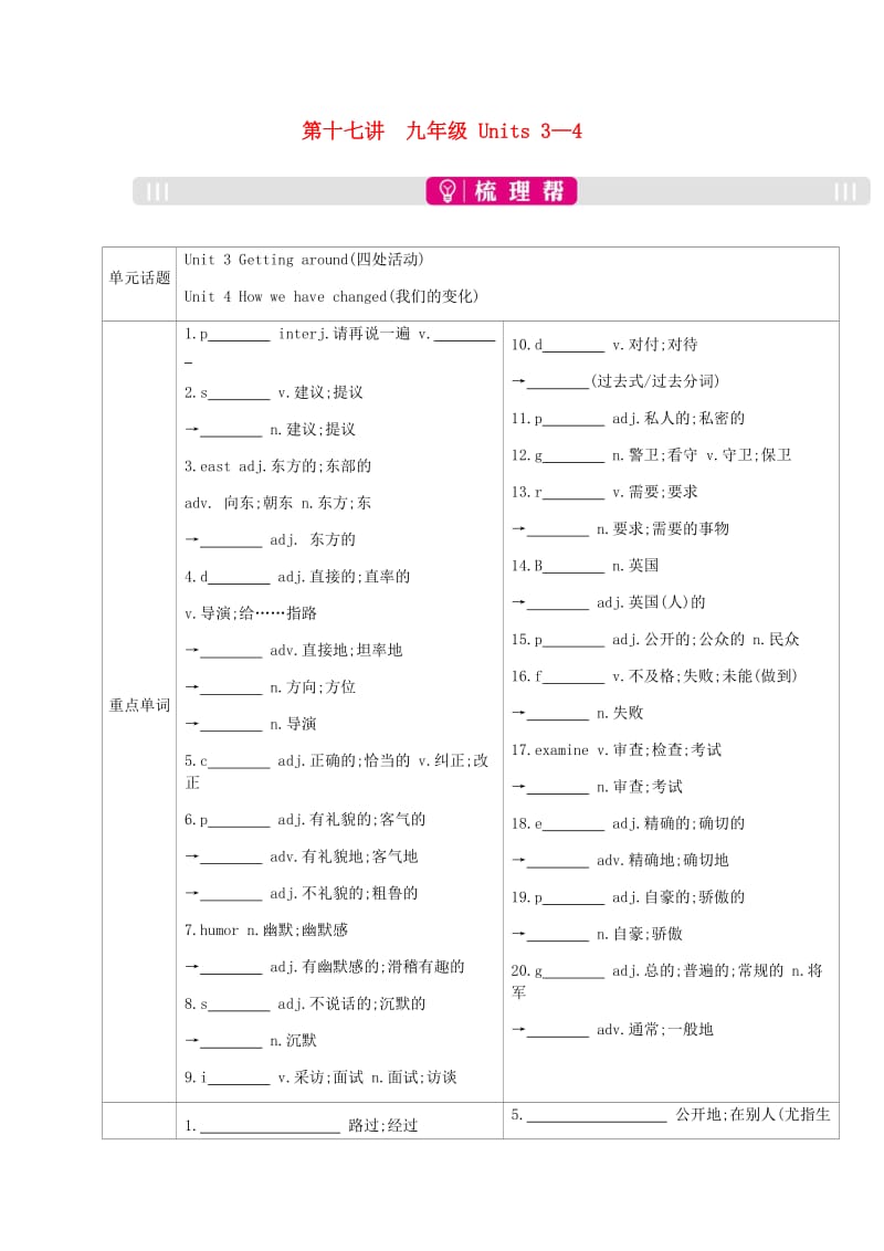 安徽省2019届中考英语总复习 第一部分 考点知识过关 第十七讲 九全 Units 3-4梳理 （新版）人教新目标版.doc_第1页