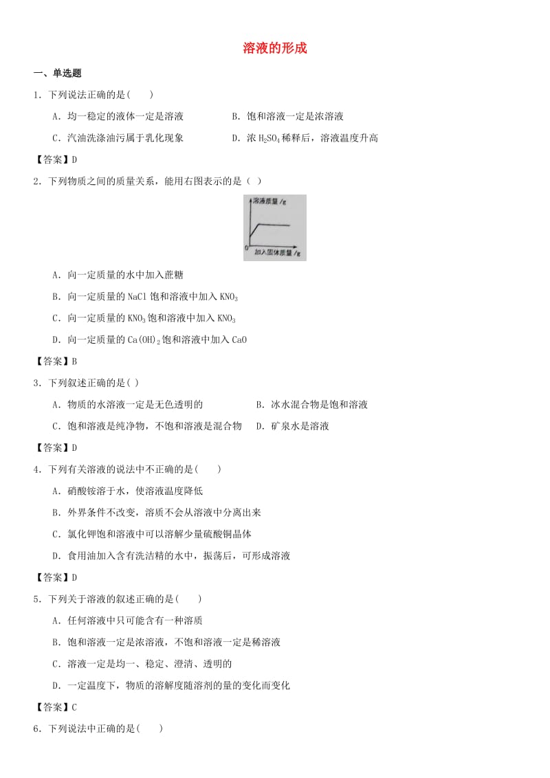 中考化学专题测试卷 溶液的形成.doc_第1页