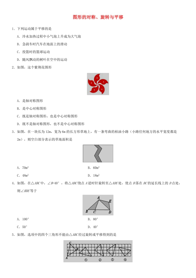 中考数学专题复习练习卷 图形的对称、旋转与平移.doc_第1页