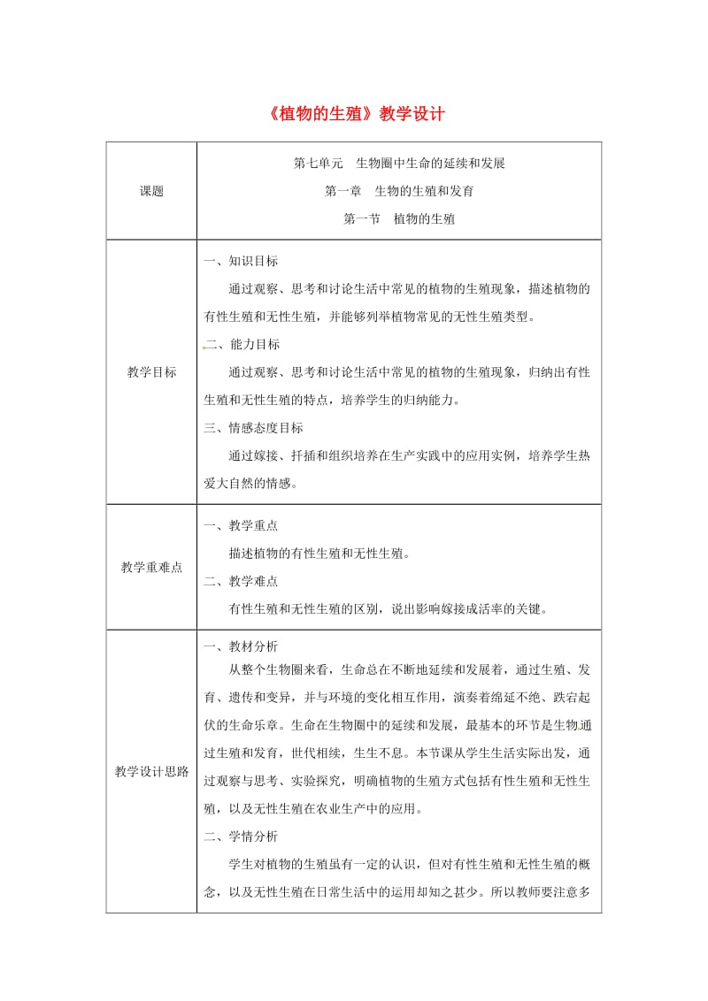 吉林省榆树市八年级生物下册 第七单元 第一章 第一节 植物的生殖教案 （新版）新人教版.doc_第1页