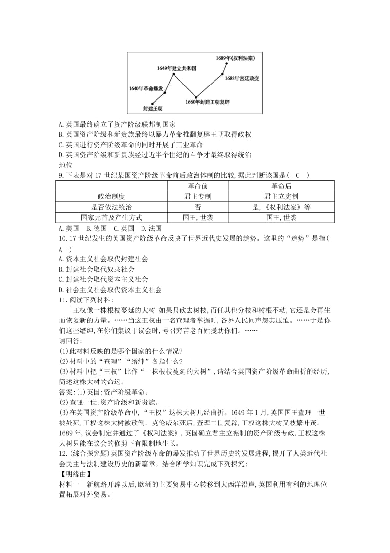 九年级历史上册《第四单元 欧美主要国家的资产阶级革命》第15课 英国资产阶级革命课后练习 中华书局版.doc_第2页