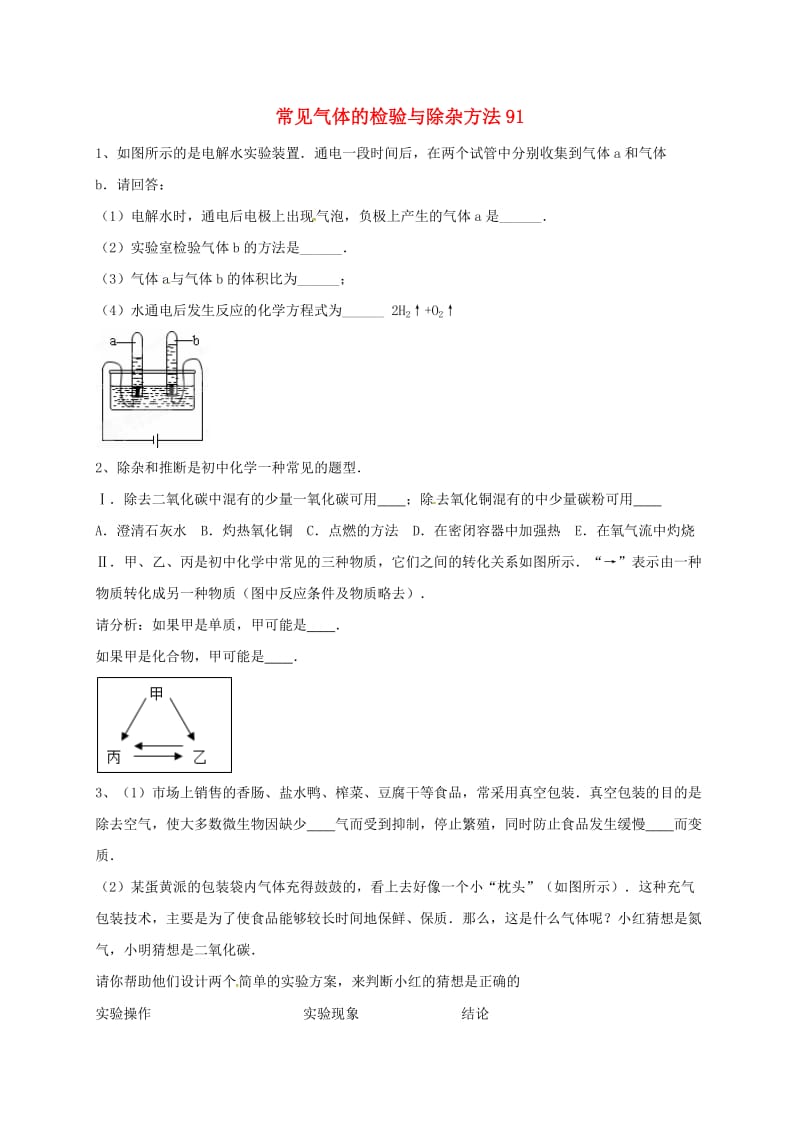 吉林省吉林市中考化学复习练习 常见气体的检验与除杂方法91 新人教版.doc_第1页