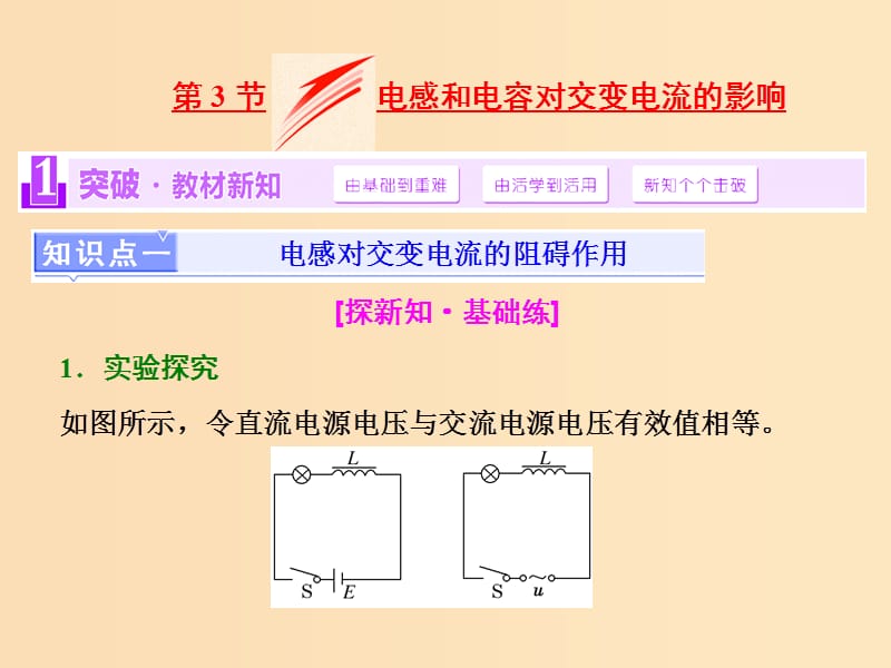 （浙江專版）2018-2019學年高中物理 第五章 第3節(jié) 電感和電容對交變電流的影響課件 新人教版選修3-2.ppt_第1頁