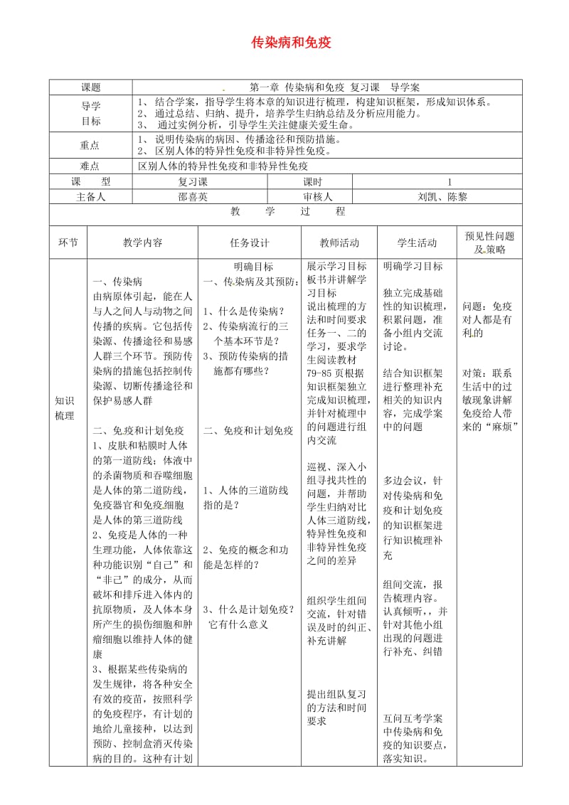 吉林省通化市八年级生物下册 8.1传染病和免疫复习导学案 （新版）新人教版.doc_第1页