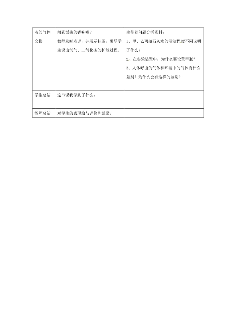 安徽省七年级生物下册 4.3.2《发生在肺内的气体交换》教案2 （新版）新人教版.doc_第3页
